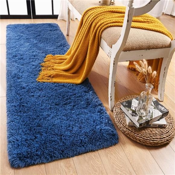 Shag Runner Rug for Bedroom,2x6 Feet Fluffy Rugs with Non-Slip Bottom, Navy Blue - Picture 2 of 6